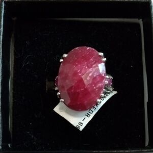 Elegant Pink Ruby Gemstone Ring Set In 14 K White Gold Band. Size 7.